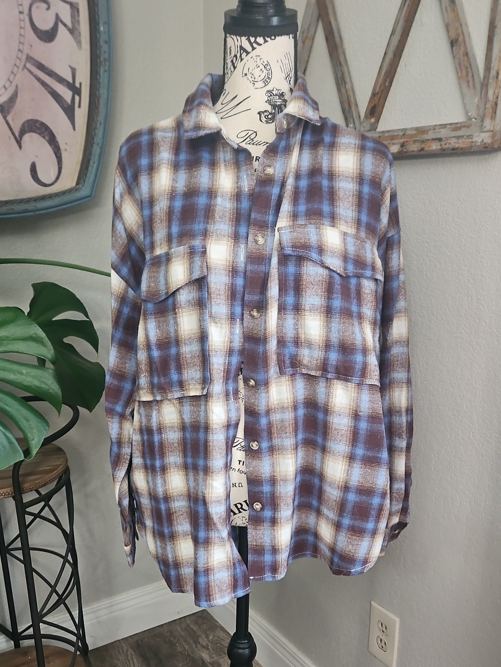 Women's Brown & Blue Plaid Flannel Shirt